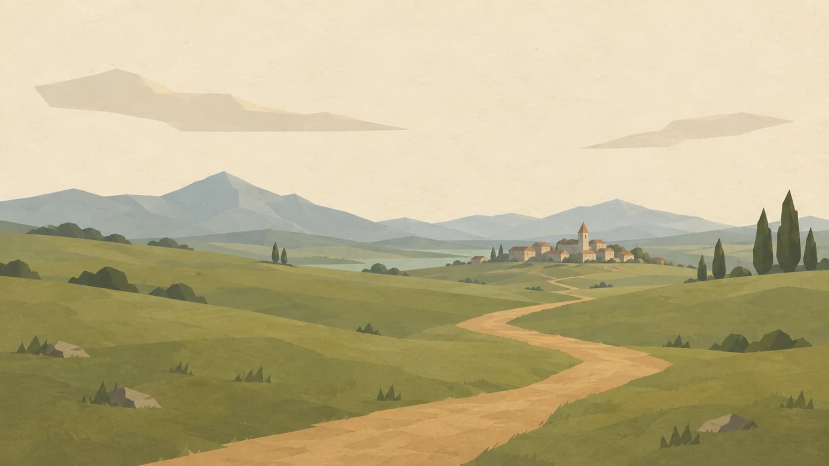 A quiet path through sage-green hills toward a distant village, illustrated on warm paper