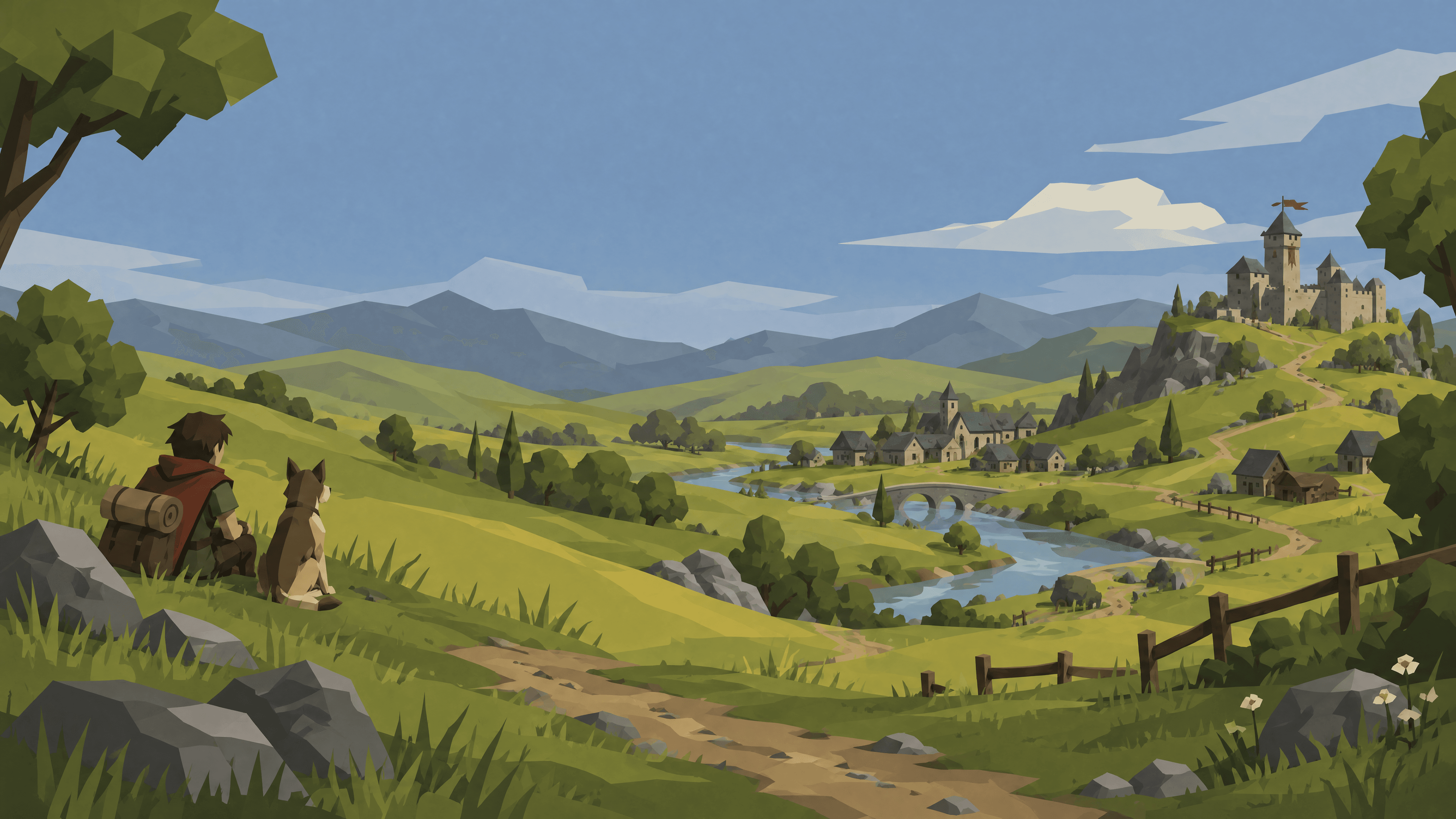 Levla key art: an adventurer and a dog resting above a valley with a river, a village and a castle