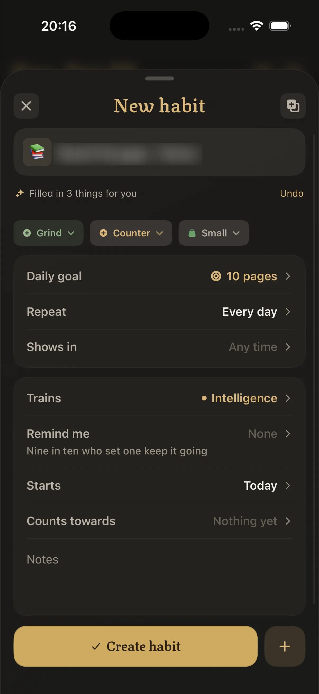 Levla's New habit form with a daily goal of 10 pages, repeating every day and training the Intelligence skill