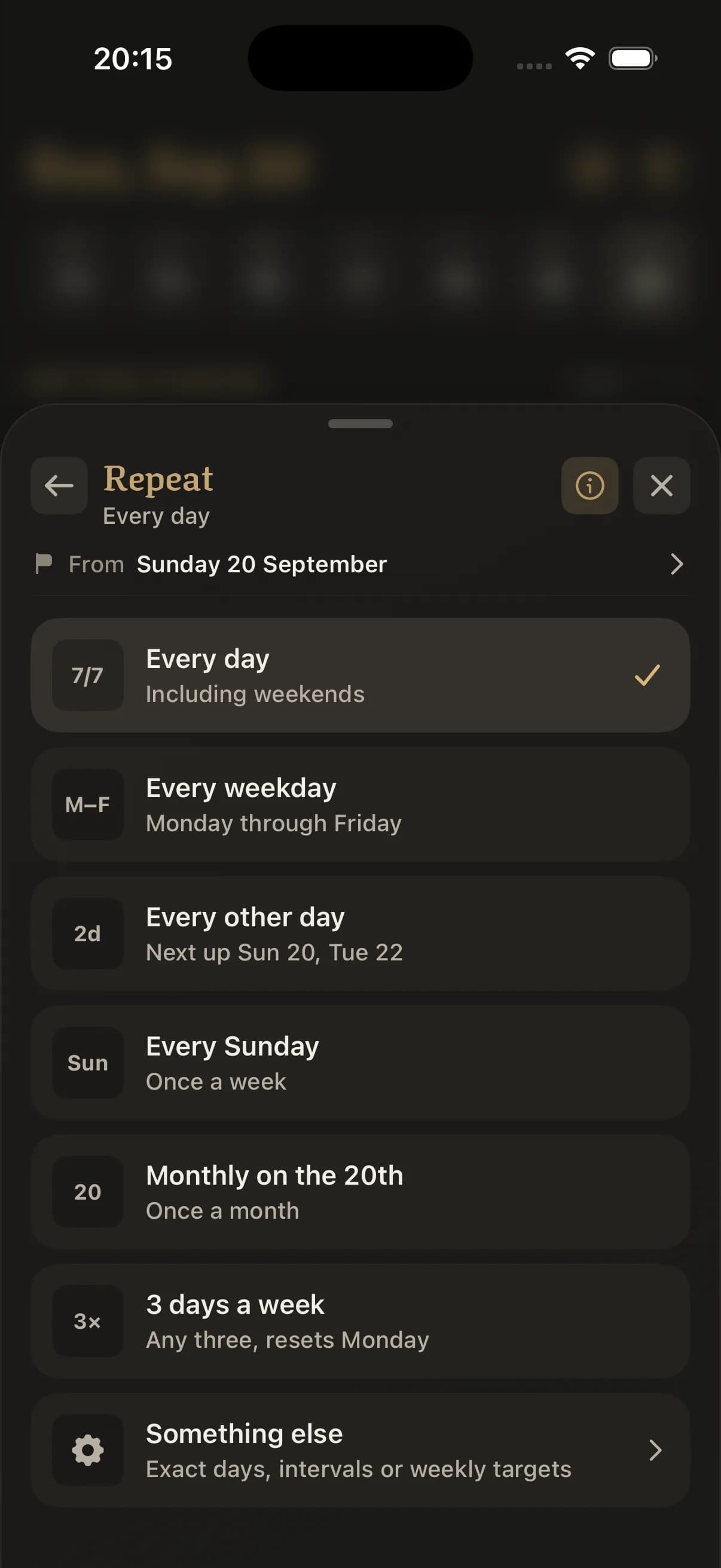 Repeat options for a habit: every day, every weekday, every other day, weekly, monthly on the 20th, 3 days a week or something else