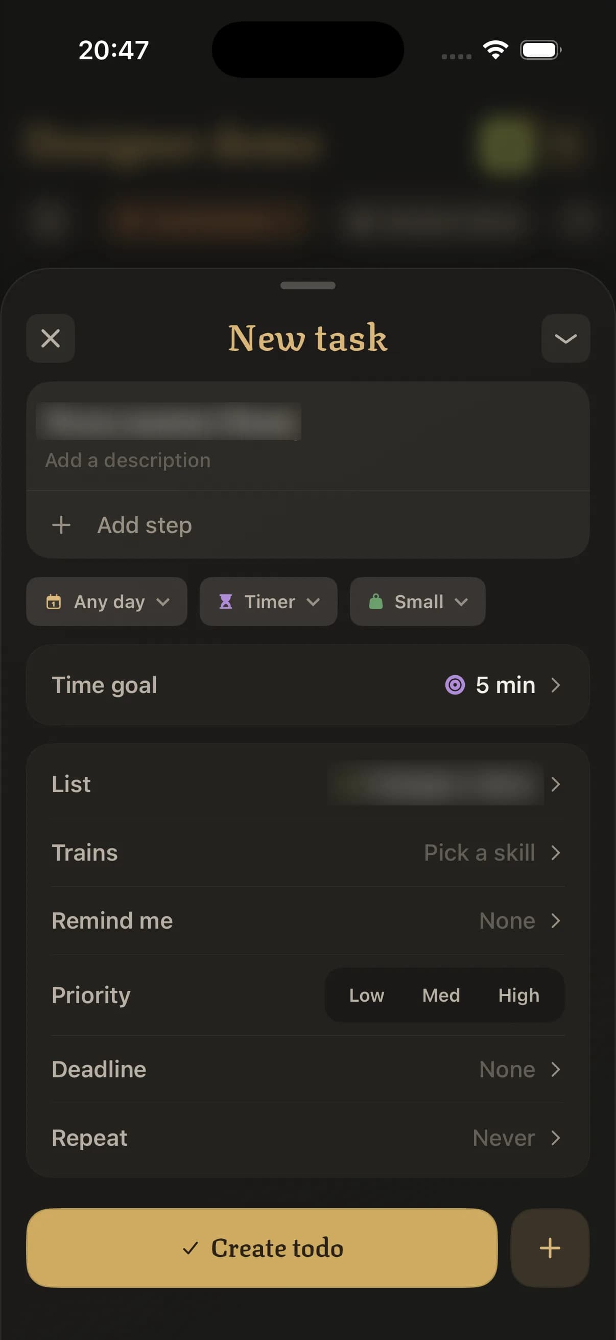 New to-do form with a 5-minute timer goal, a list, a skill to train, a reminder, a priority, a deadline and repeat settings