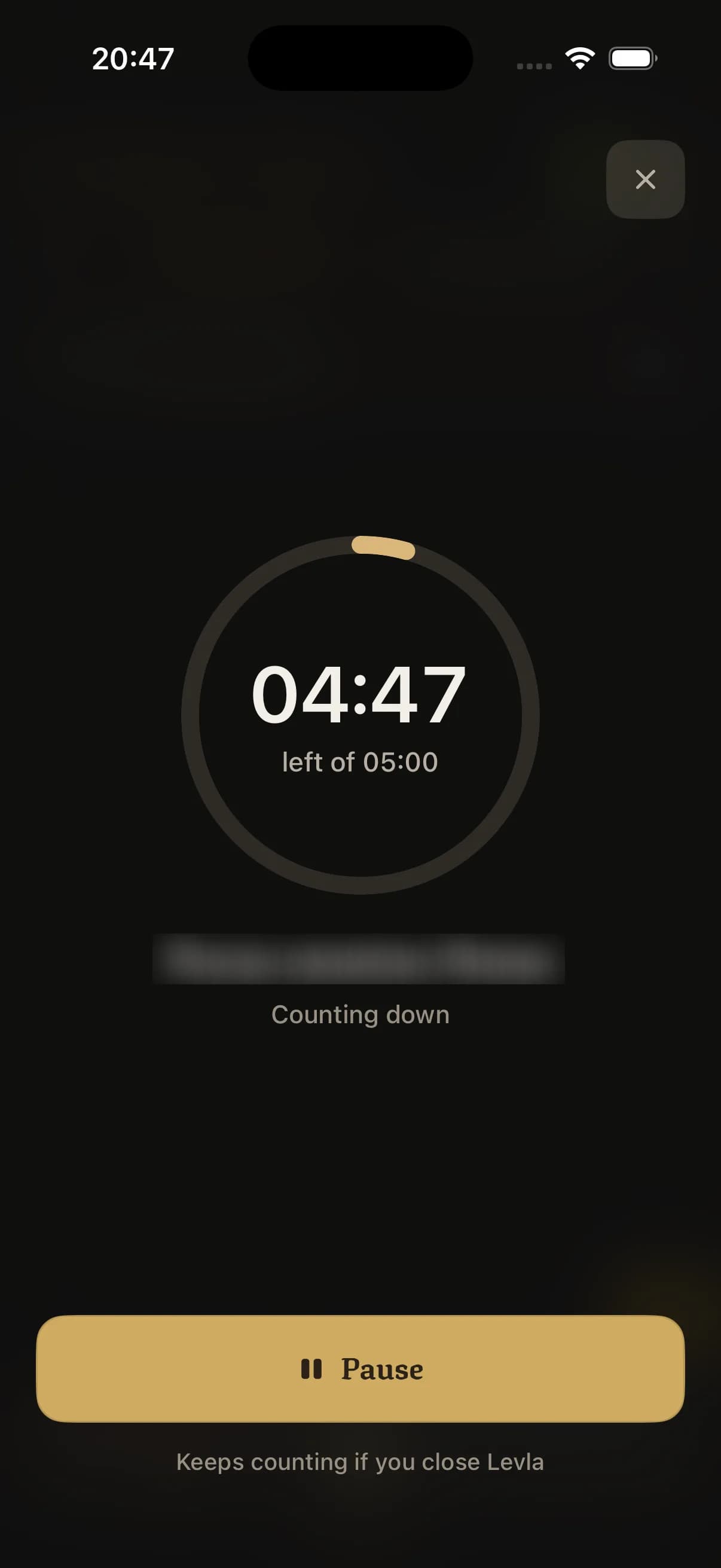 A to-do's countdown timer with 4:47 left of 5:00, a Pause button and the note Keeps counting if you close Levla