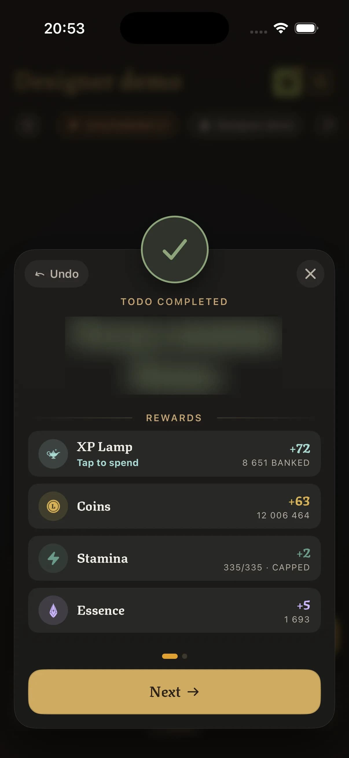 To-do completed screen with rewards of 72 XP for the XP Lamp, 63 Coins, 2 Stamina and 5 Essence