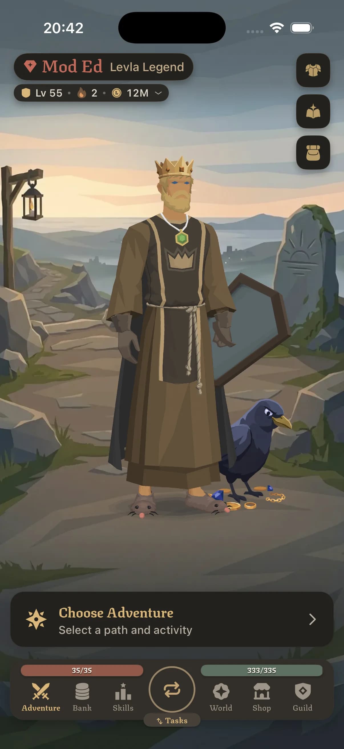 A hand-drawn Levla hero in a crown and robe standing on a hillside with a pet raven, above the Choose Adventure button