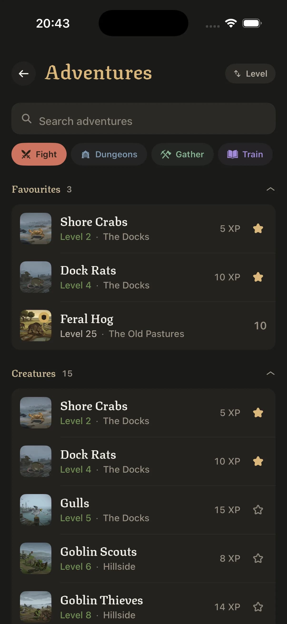 Adventures screen with Fight, Dungeons, Gather and Train tabs, listing creatures like Shore Crabs, Dock Rats and Gulls with their levels, locations and XP