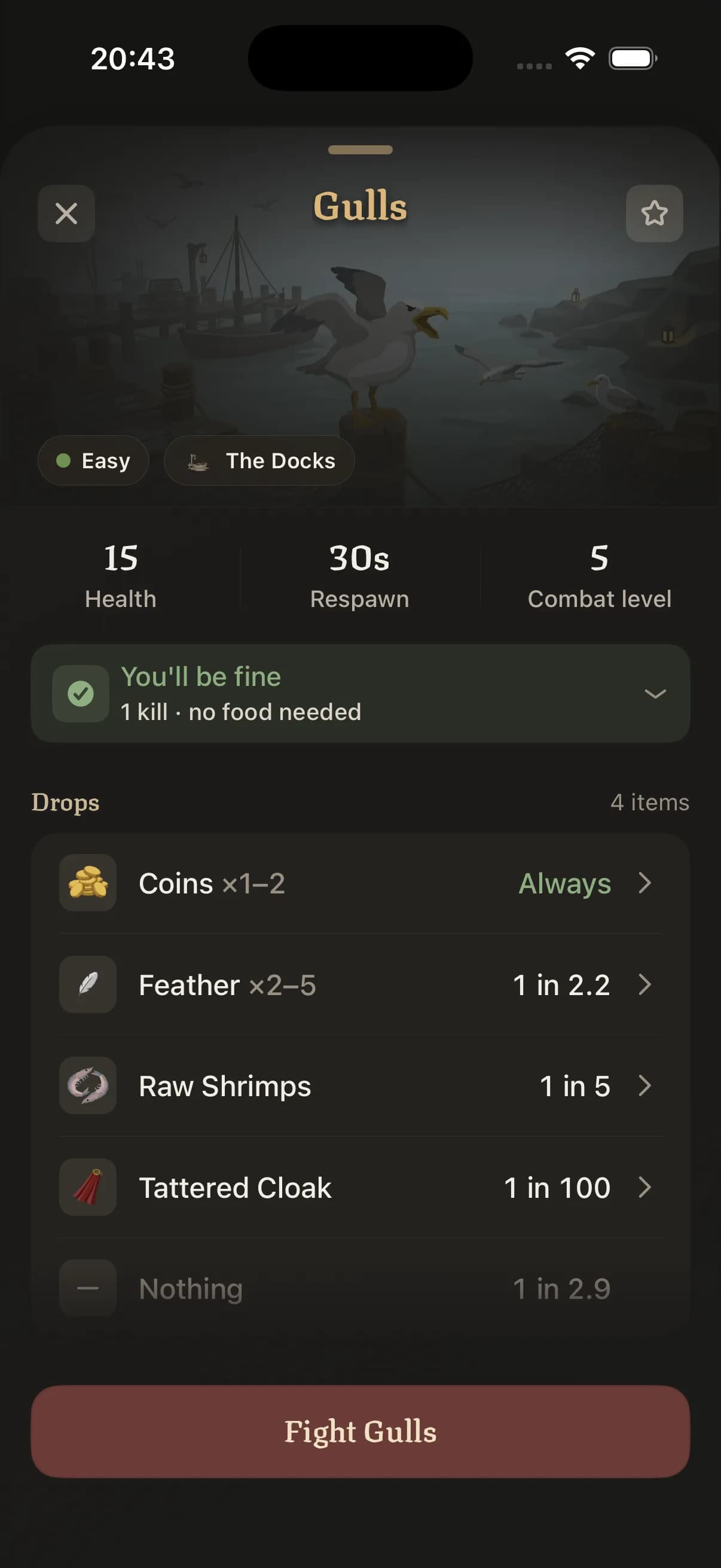 Details for the Gulls at The Docks: 15 health, a 30-second respawn, combat level 5, and drops including coins, feathers, raw shrimps and a rare tattered cloak