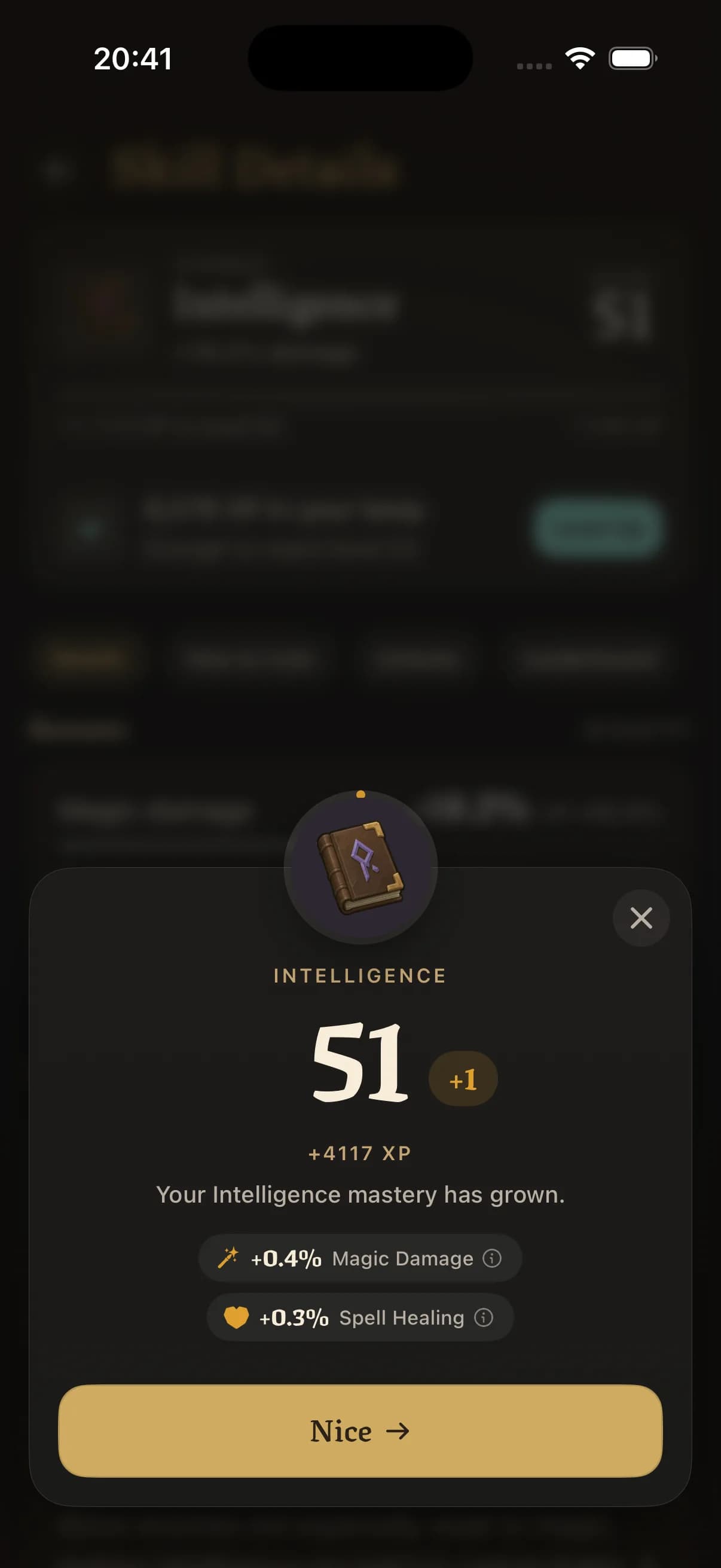 Level-up screen: Intelligence reaches level 51, with small boosts to magic damage and spell healing