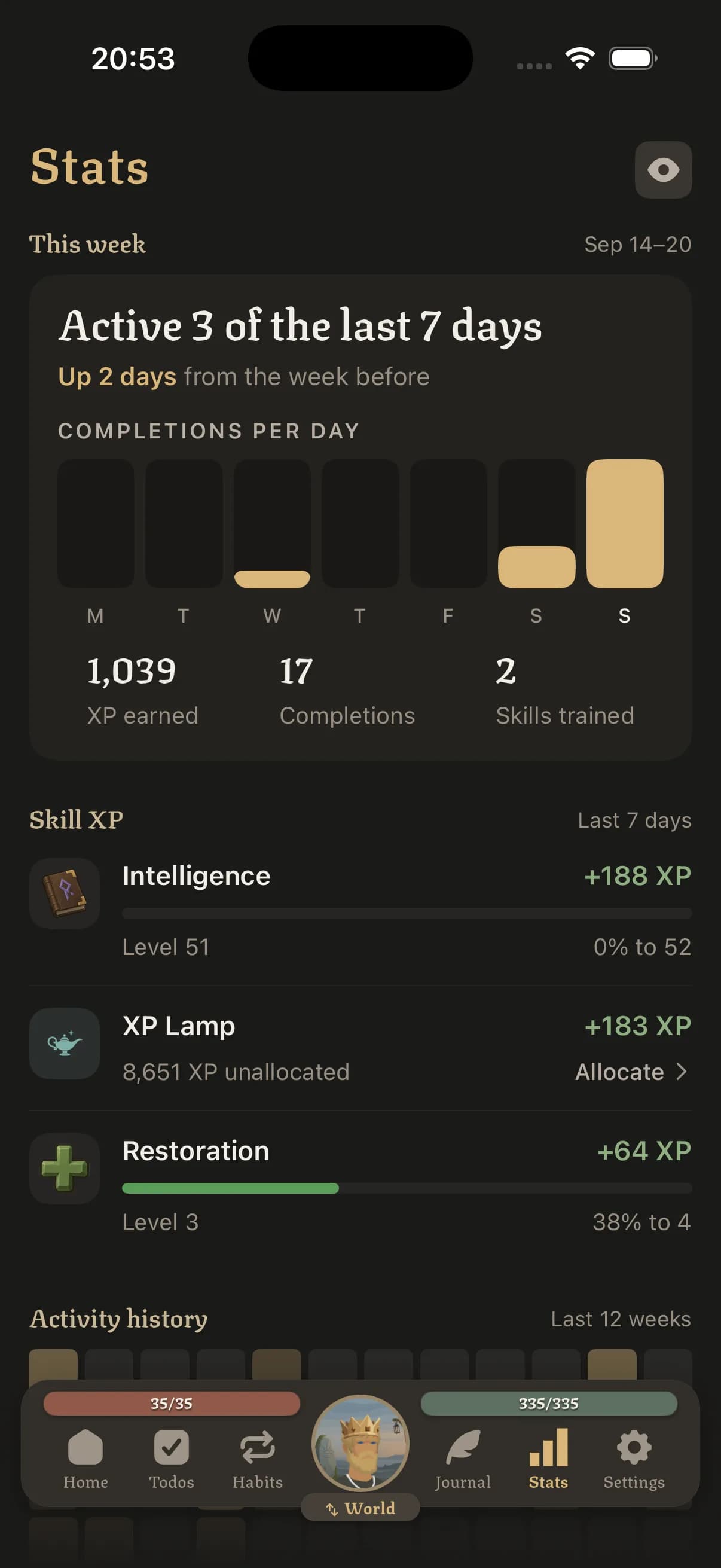 Stats screen showing activity on 3 of the last 7 days, completions per day, 1,039 XP earned and XP gained per skill