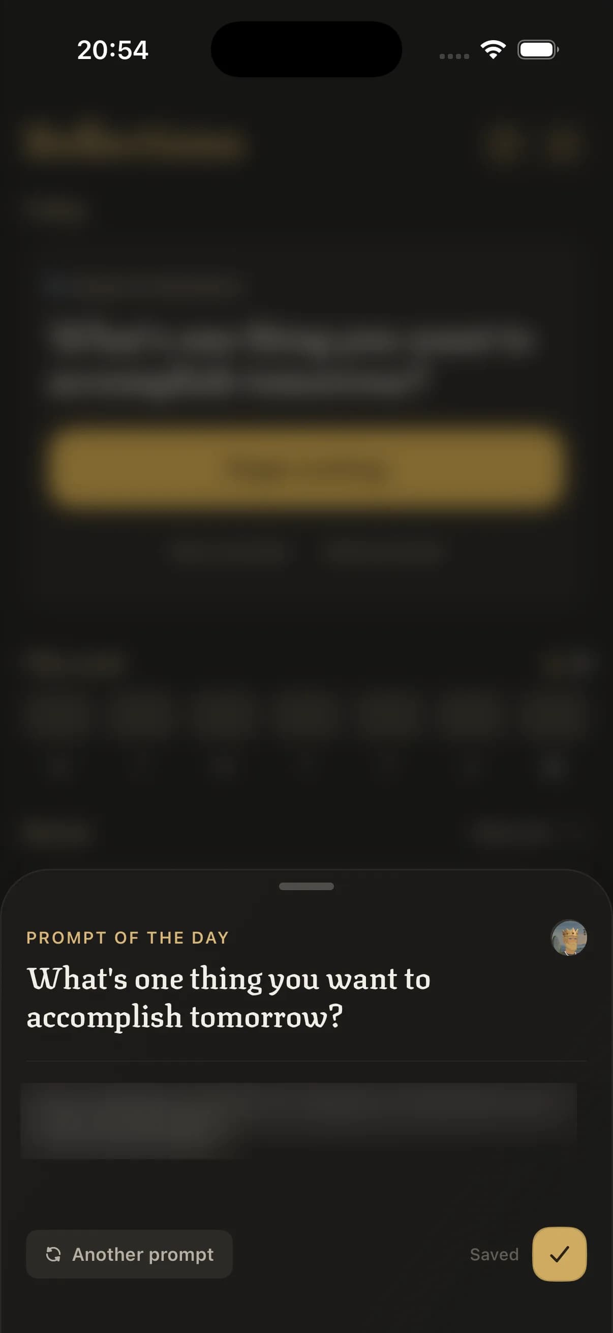 Daily reflection with the prompt of the day, What's one thing you want to accomplish tomorrow?, above a private journal entry