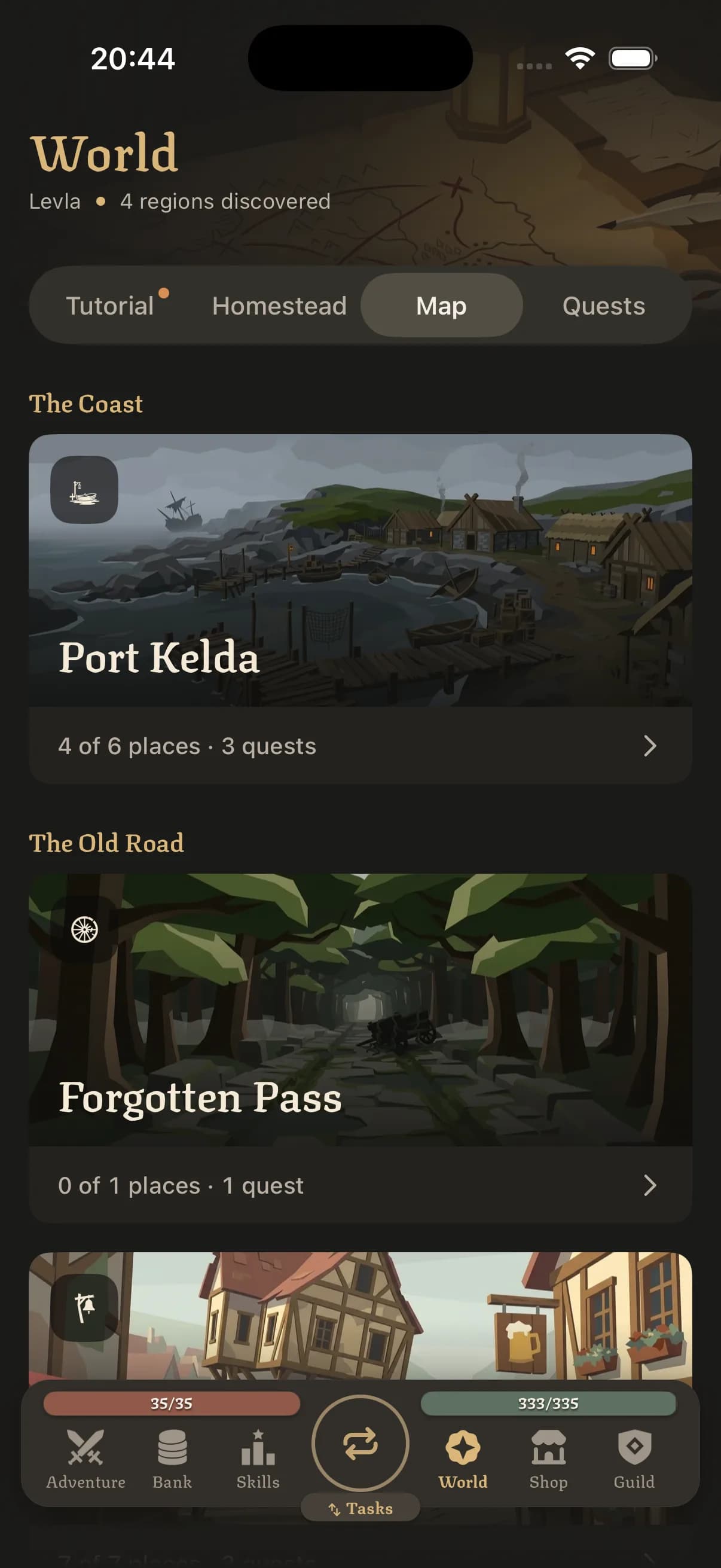 World map showing regions such as Port Kelda on the coast and Forgotten Pass on the Old Road, with 4 regions discovered