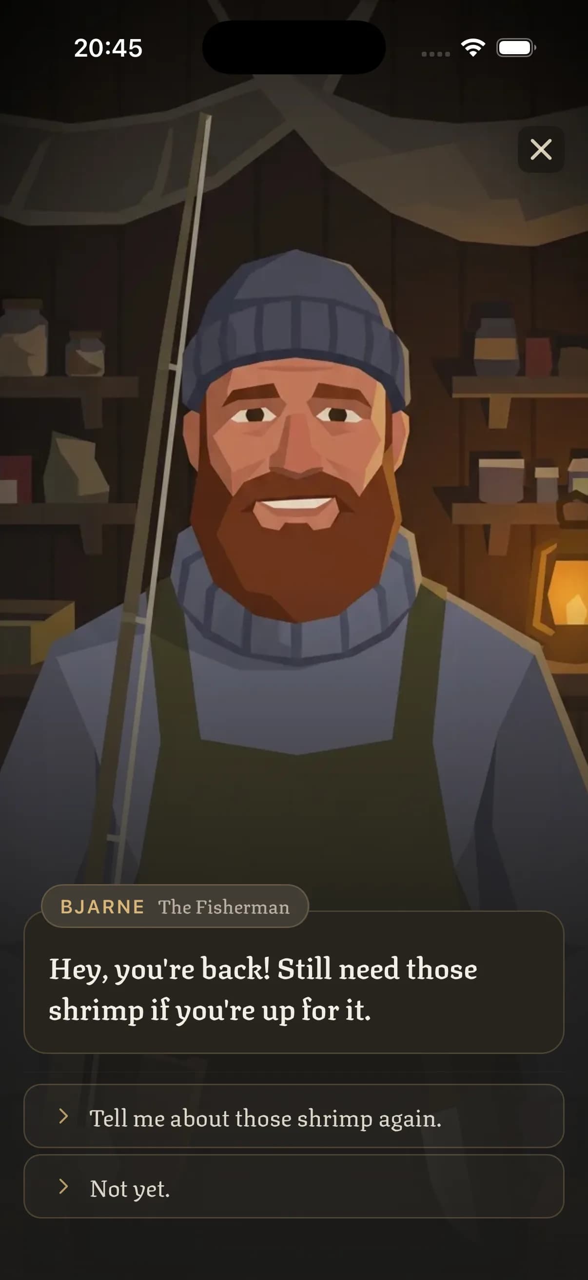 Illustrated conversation with Bjarne the Fisherman in his shop, asking whether you still need shrimp, with two replies to choose from