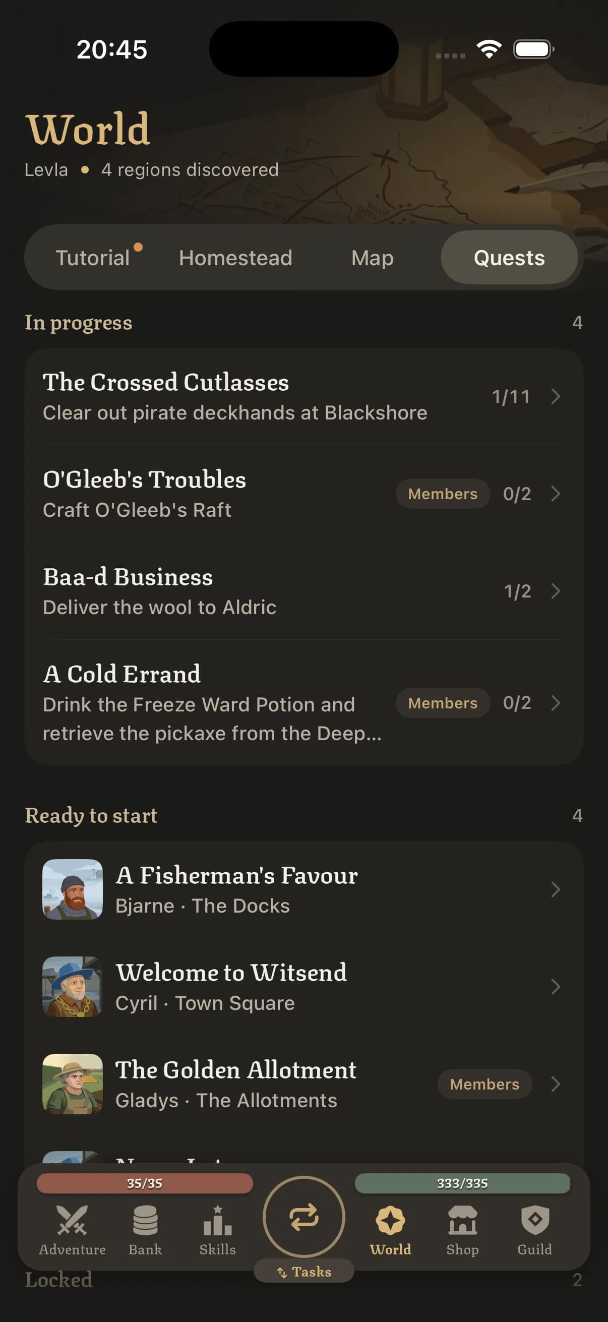 Quest journal with quests in progress, such as The Crossed Cutlasses, and quests ready to start, such as A Fisherman's Favour