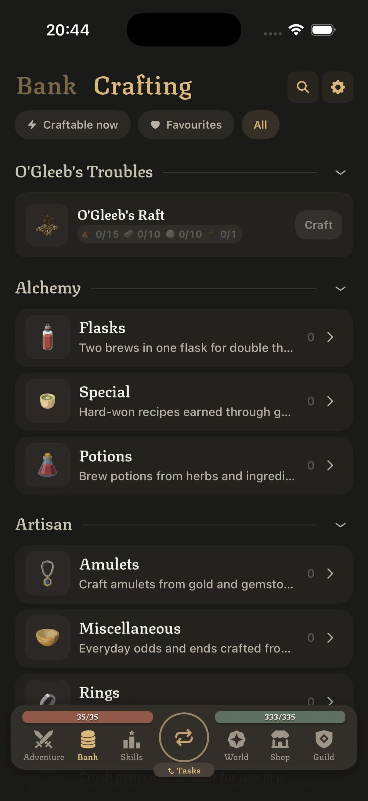 Crafting screen with recipes grouped by skill, including Alchemy flasks and potions and Artisan amulets and rings