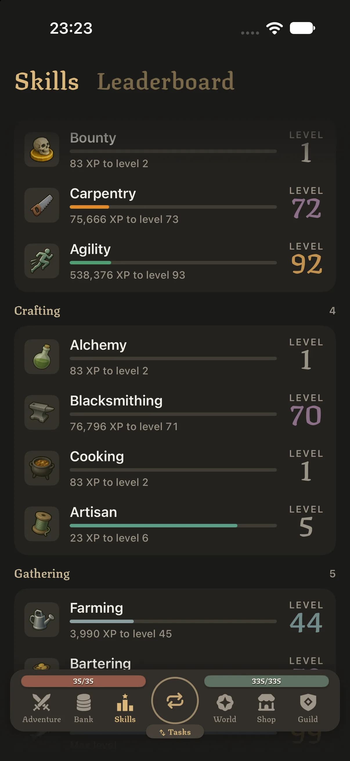 Skills list including Carpentry and Agility, crafting skills such as Alchemy, Blacksmithing, Cooking and Artisan, and gathering skills such as Farming