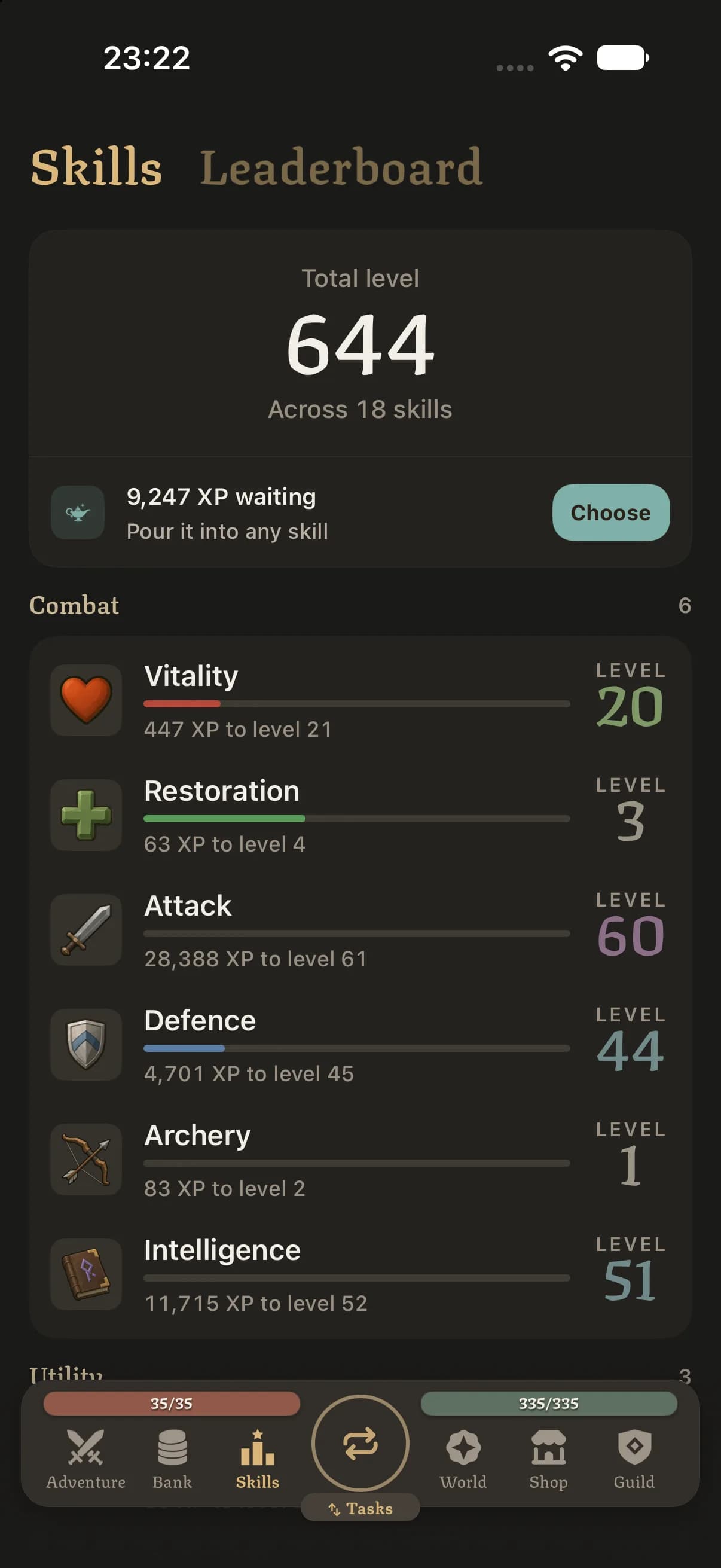 Skills screen with a total level of 644 across 18 skills, XP waiting to be spent, and combat skills such as Vitality, Attack and Intelligence