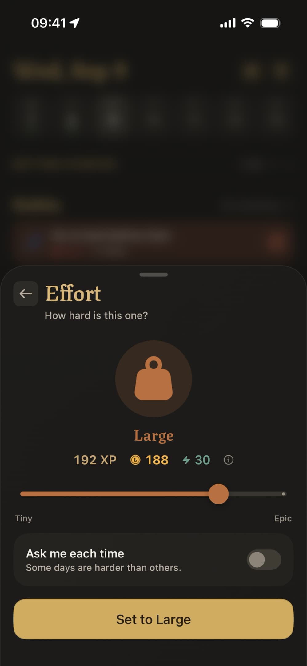 Effort picker for a habit on a scale from Tiny to Epic, set to Large, which earns 192 XP, 188 Coins and 30 Stamina
