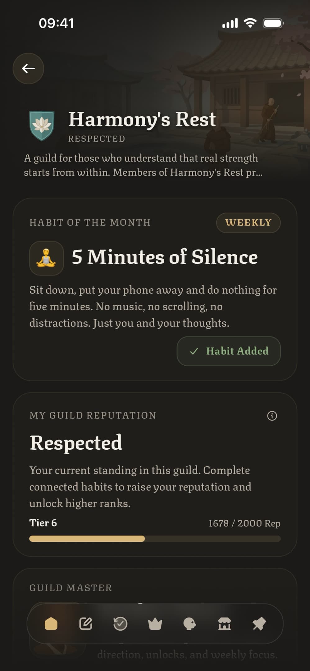 The Harmony's Rest guild, with its weekly habit, 5 Minutes of Silence, and the player's guild reputation at tier 6