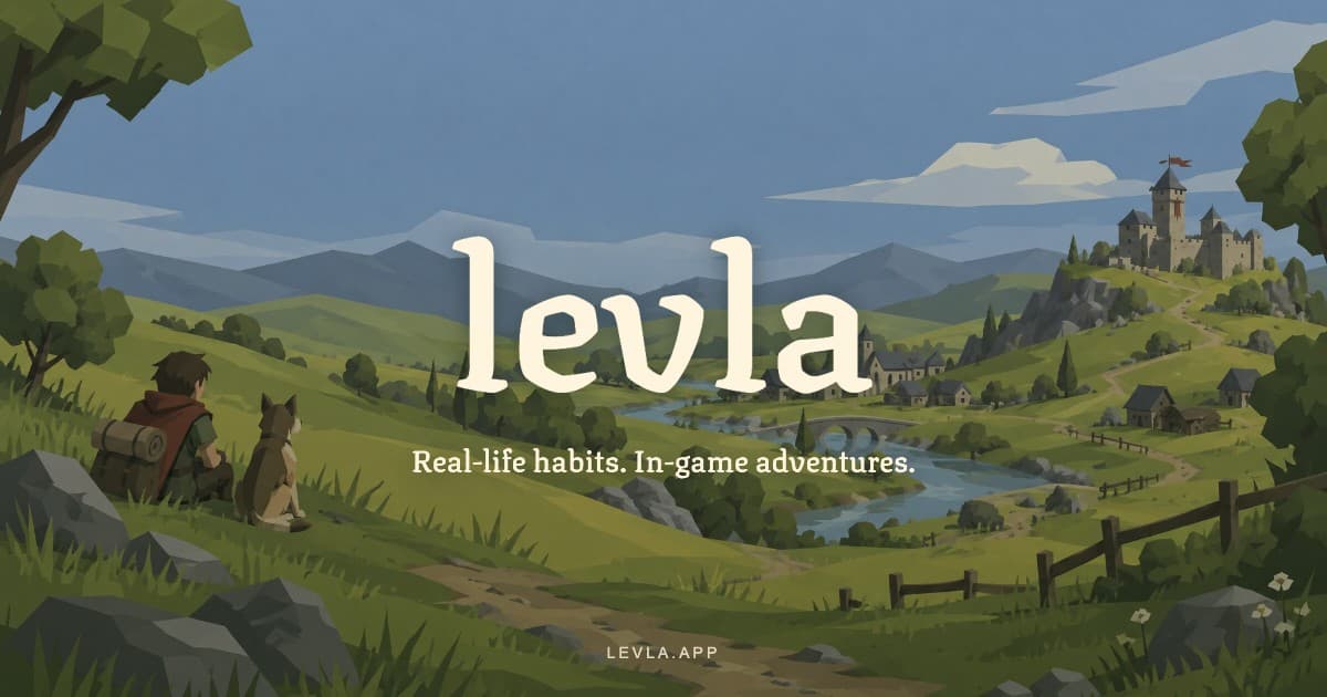 The lowercase levla wordmark and the line Real-life habits. In-game adventures., over a painted valley