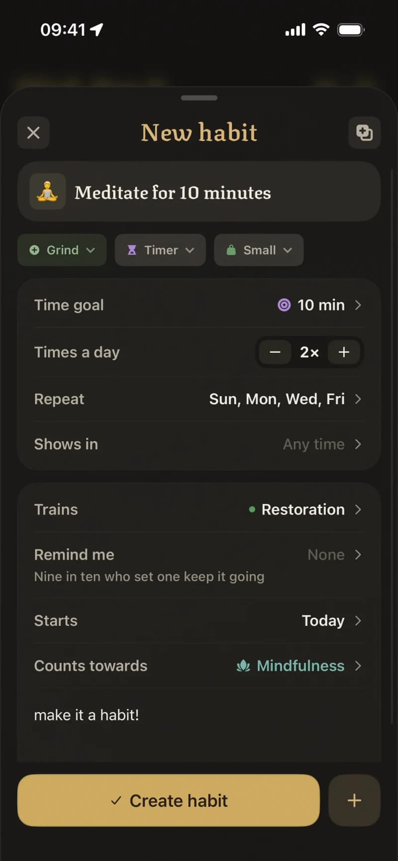 Habit setup popup with a meditation timer, custom schedule, Restoration skill and Mindfulness category