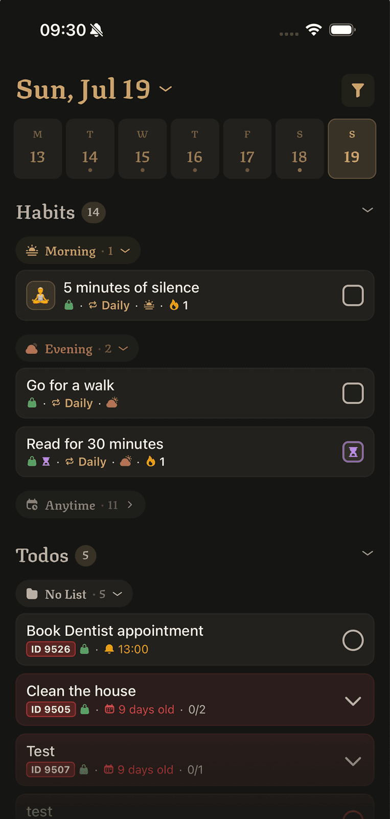 Levla’s daily tracker with habits, to-dos, and reminders
